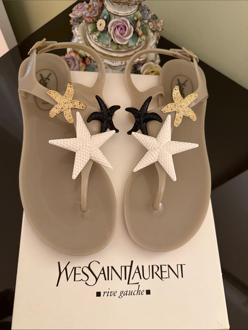Yves Saint Laurent Beige Sandals with White, Black and Gold Starfish. Worn once